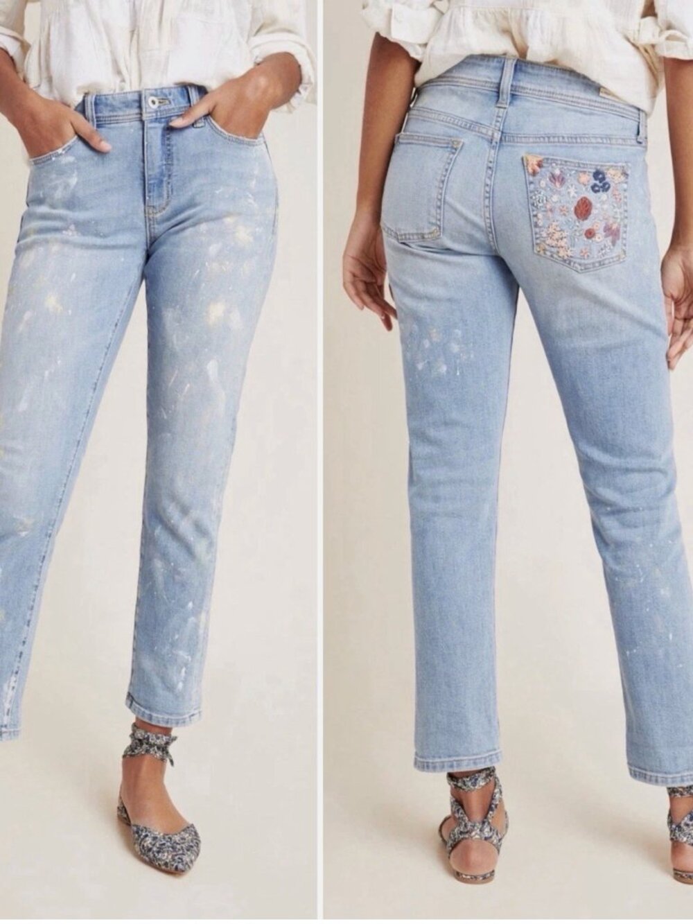 Anthropologie x Pilcro Paint Splatter Floral Embroidered Slim Boyfriend Jeans 27